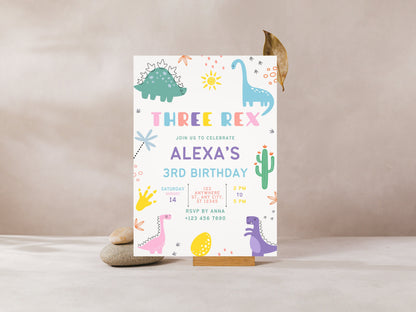 Bearbeitbare Einladungsvorlage für einen Drei-Rex-Dinosaurier-Geburtstag (Digitaler Download)