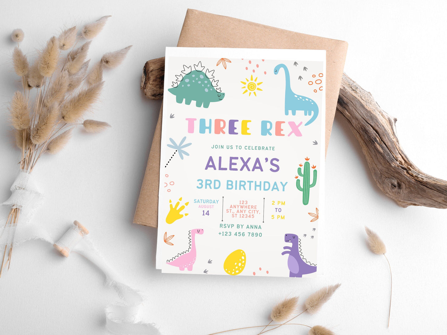 Bearbeitbare Einladungsvorlage für einen Drei-Rex-Dinosaurier-Geburtstag (Digitaler Download)