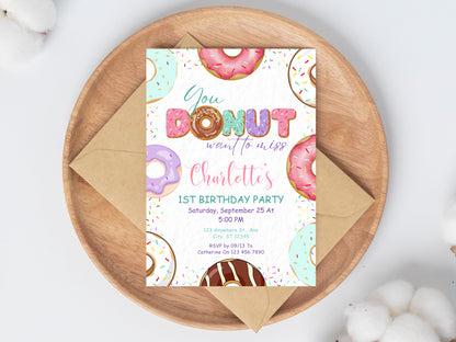 Editable Donut 1st Birthday Invitation, Sweet Celebration (Digital Download)