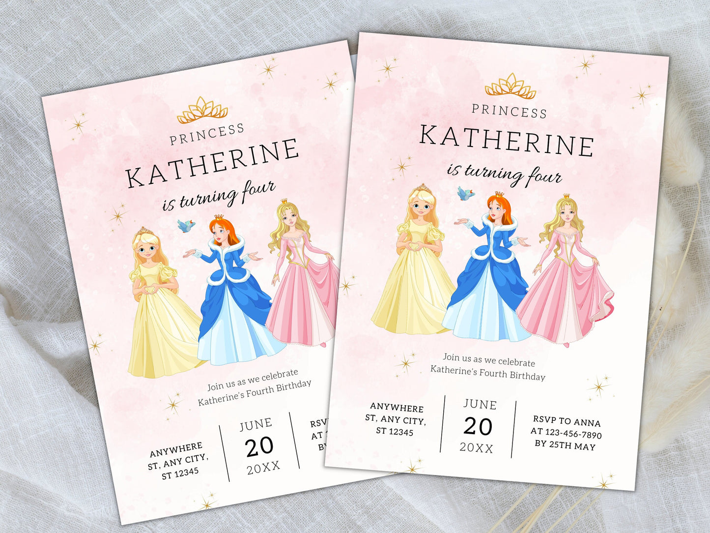 Editable Princess Birthday Invitation Template (Canva)