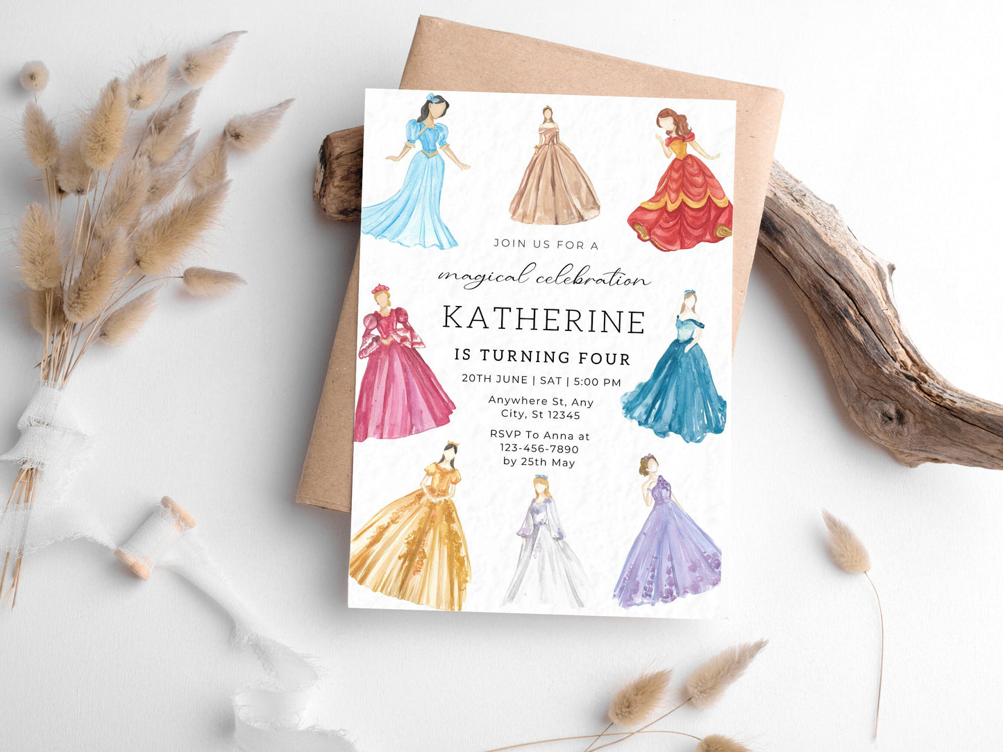 Princess Birthday Invitation Template, Watercolor Dresses (Digital Download)