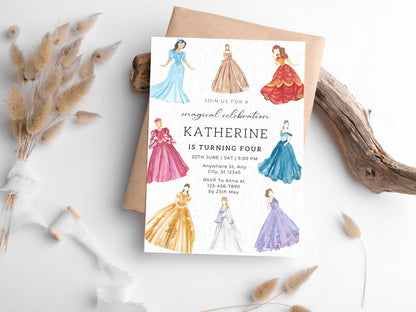 Princess Birthday Invitation Template, Watercolor Dresses (Digital Download)