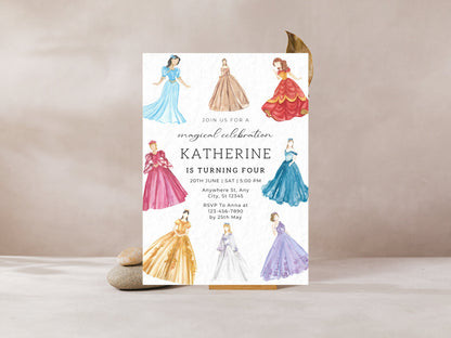 Princess Birthday Invitation Template, Watercolor Dresses (Digital Download)