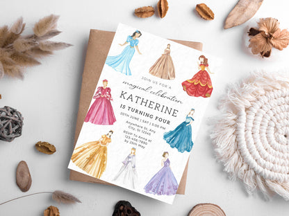 Princess Birthday Invitation Template, Watercolor Dresses (Digital Download)