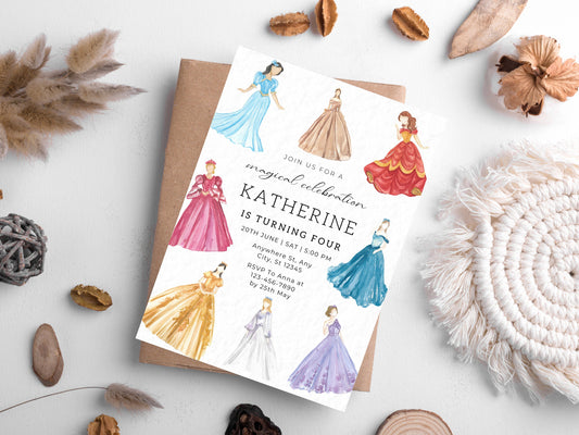 Princess Birthday Invitation Template, Watercolor Dresses (Digital Download)