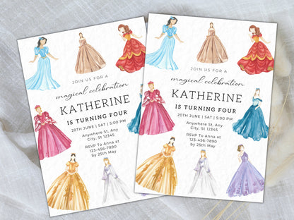 Princess Birthday Invitation Template, Watercolor Dresses (Digital Download)