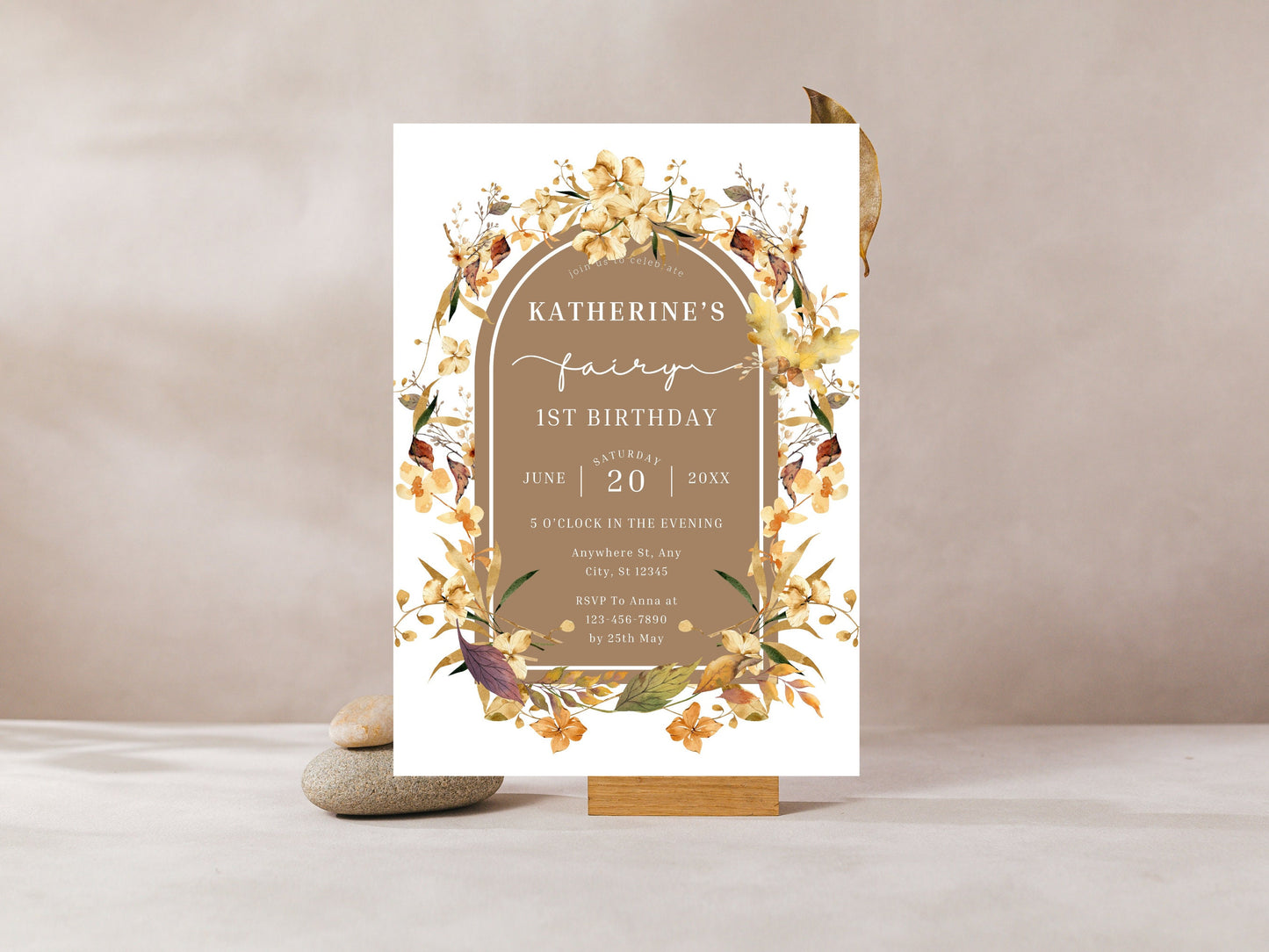 Fall Fairy 1st Birthday Invitation Template, Editable Wildflower Design (PDF)
