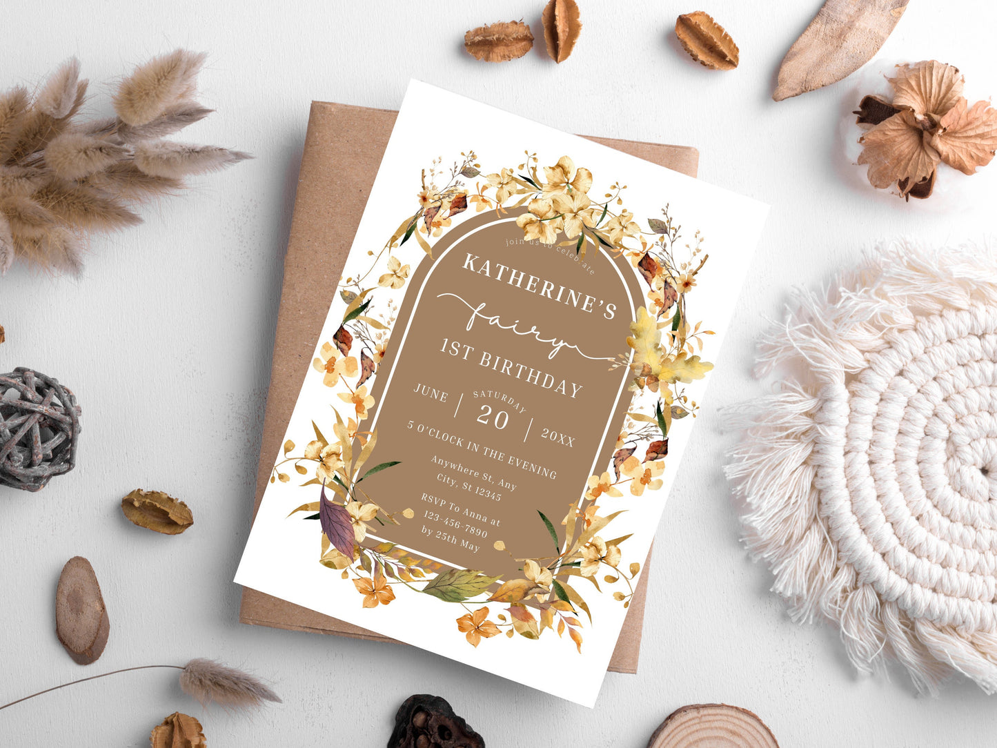 Fall Fairy 1st Birthday Invitation Template, Editable Wildflower Design (PDF)