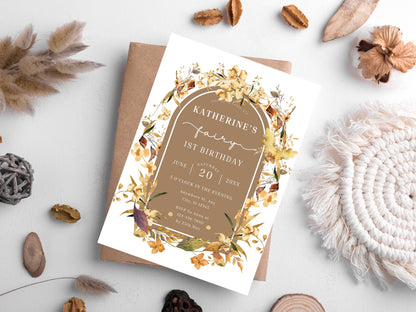 Fall Fairy 1st Birthday Invitation Template, Editable Wildflower Design (PDF)
