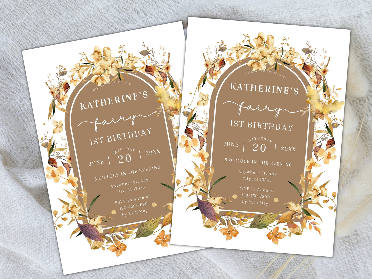 Fall Fairy 1st Birthday Invitation Template, Editable Wildflower Design (PDF)