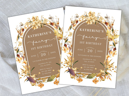 Fall Fairy 1st Birthday Invitation Template, Editable Wildflower Design (PDF)