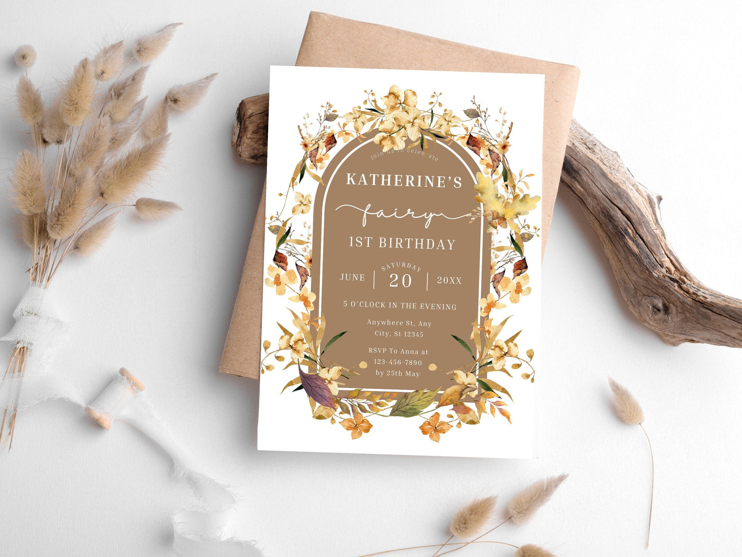 Fall Fairy 1st Birthday Invitation Template, Editable Wildflower Design (PDF)