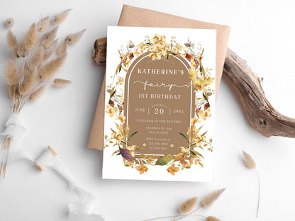 Fall Fairy 1st Birthday Invitation Template, Editable Wildflower Design (PDF)