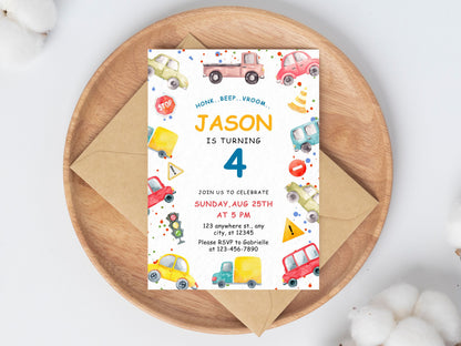 Transportation Birthday Invitation, Truck, Cars (Instant Download)