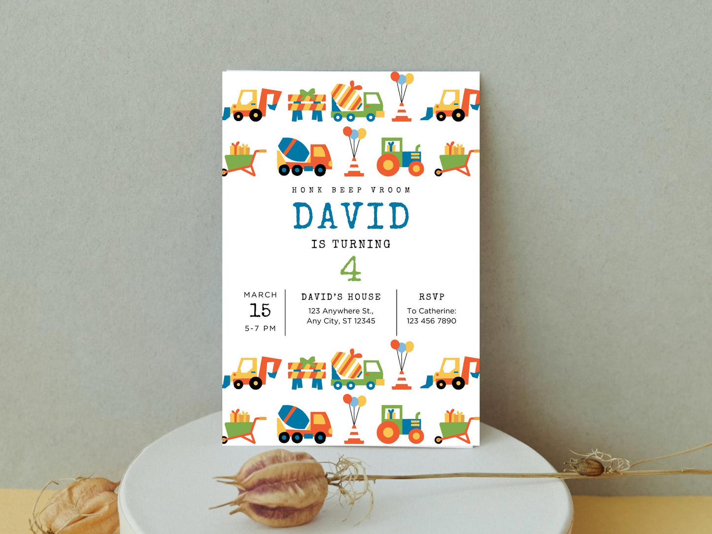 Invitation d'anniversaire sur le thème des transports, véhicules, camions et voitures (Téléchargement instantané)