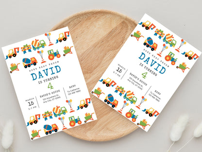 Invitation d'anniversaire sur le thème des transports, véhicules, camions et voitures (Téléchargement instantané)