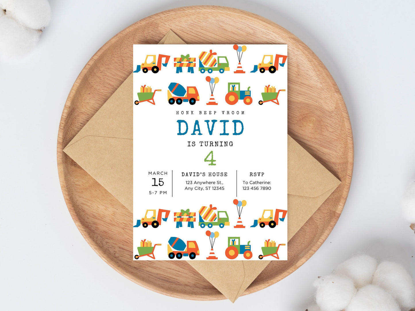 Invitation d'anniversaire sur le thème des transports, véhicules, camions et voitures (Téléchargement instantané)
