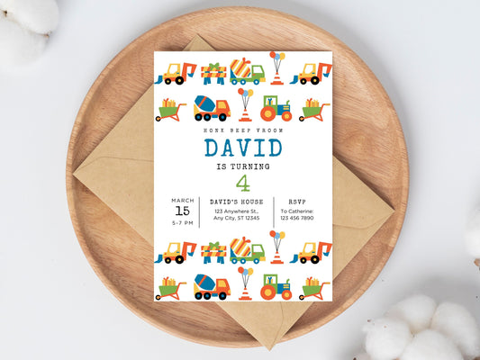 Transportation Birthday Invitation, Vehicle Truck Cars (Instant Download)