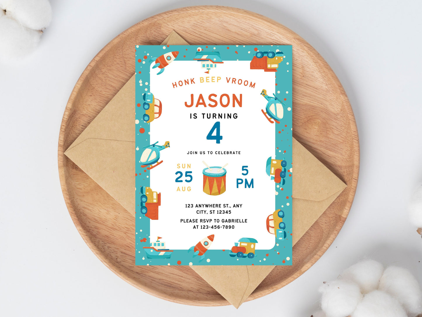 Transportation Birthday Invitation, Vehicle Theme (Digital Download)
