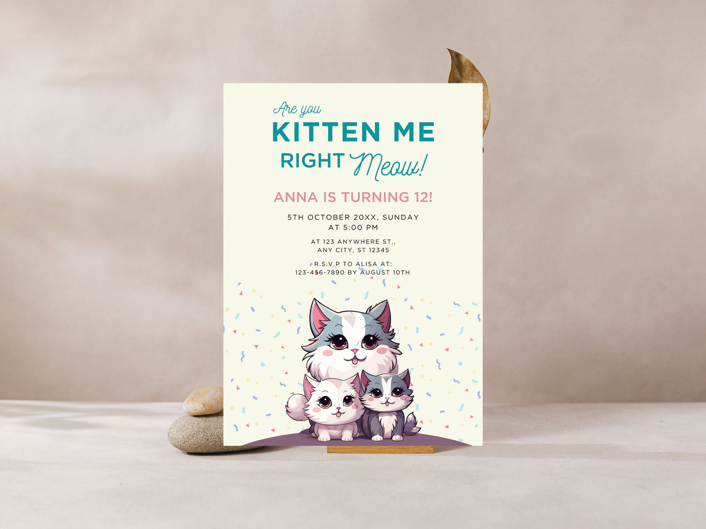 Cat Birthday Party Invitation, Kitten Theme (Digital Download)