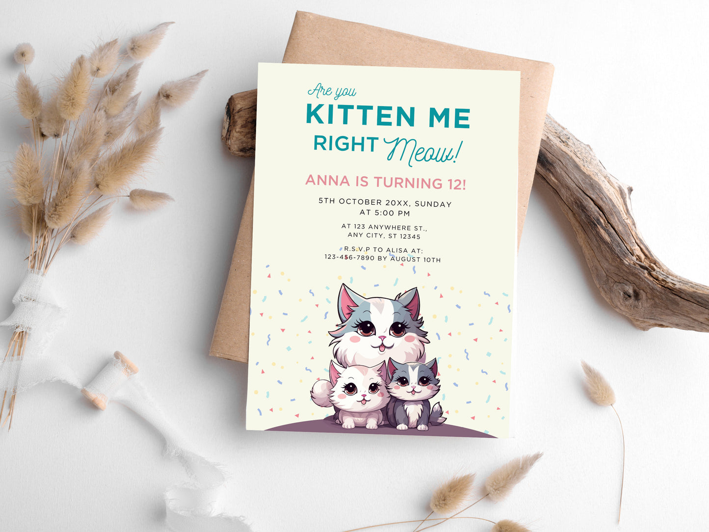 Cat Birthday Party Invitation, Kitten Theme (Digital Download)