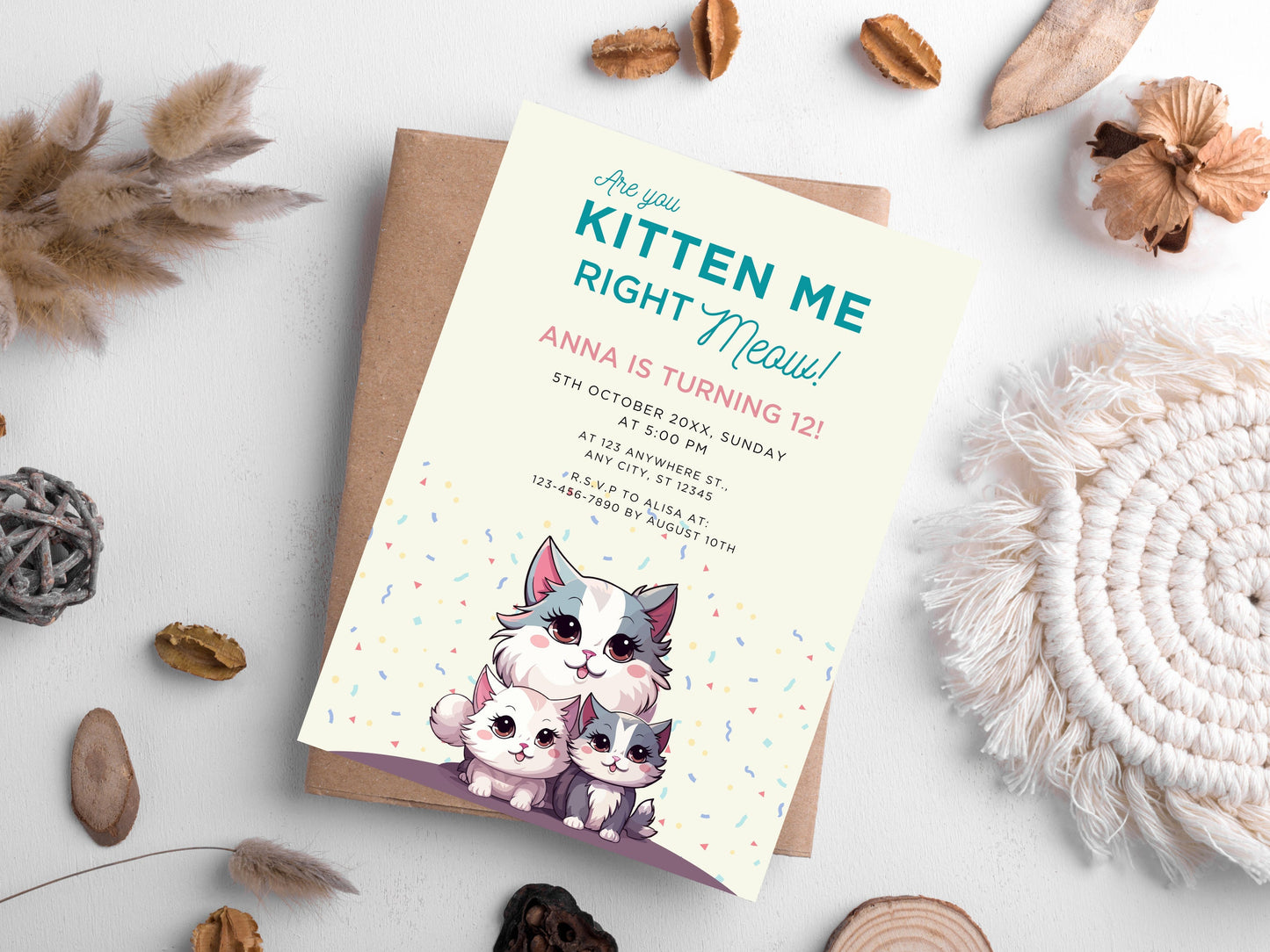 Cat Birthday Party Invitation, Kitten Theme (Digital Download)