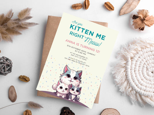 Cat Birthday Party Invitation, Kitten Theme (Digital Download)