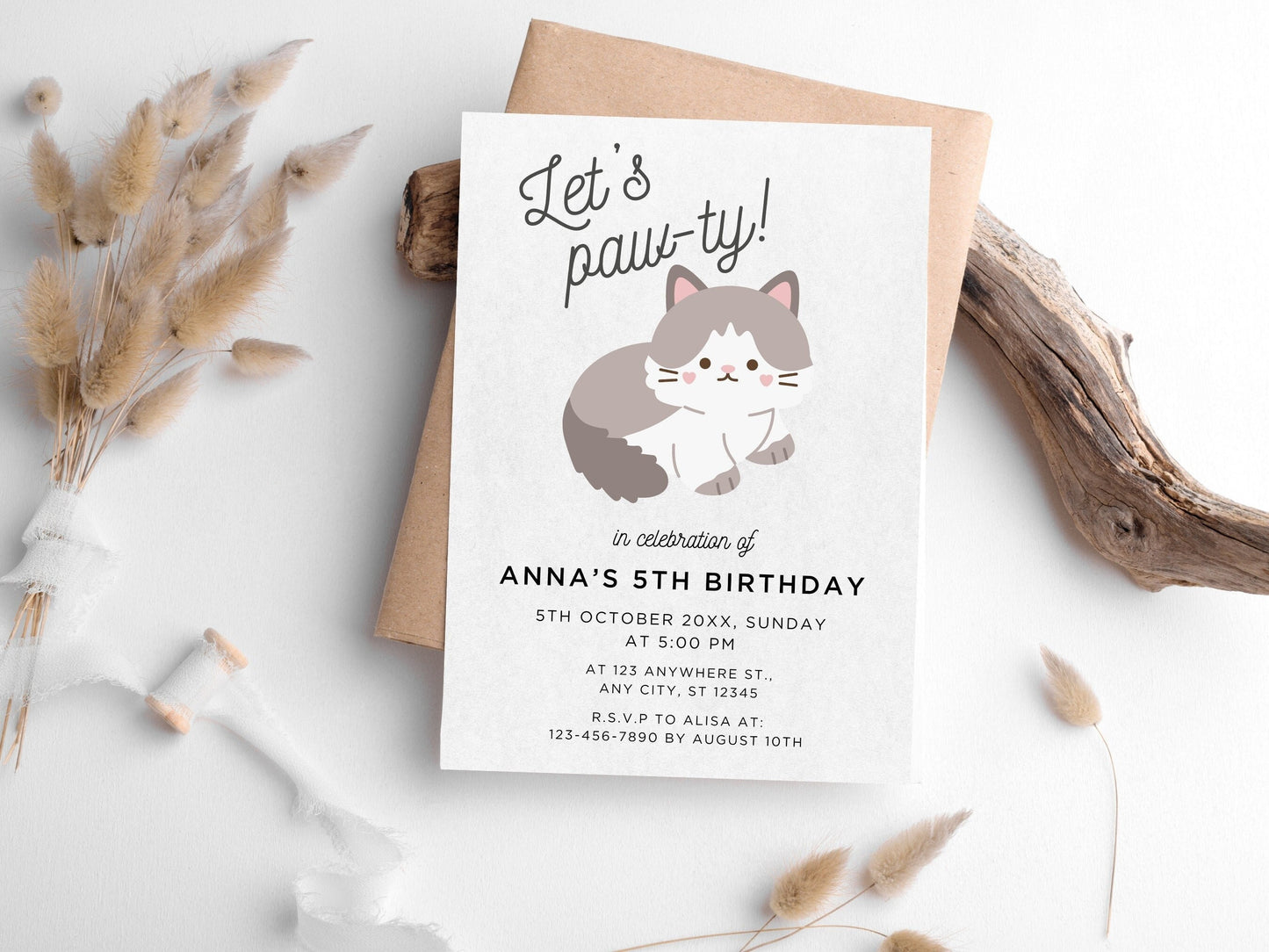Cat Birthday Paw-ty Invitation, Kitten Theme (Instant Download)