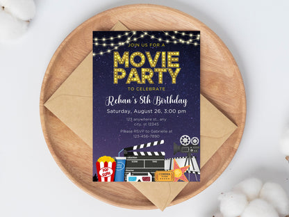 Backyard Movie Night Birthday Invitation, Editable Canva Template (Digital Download)