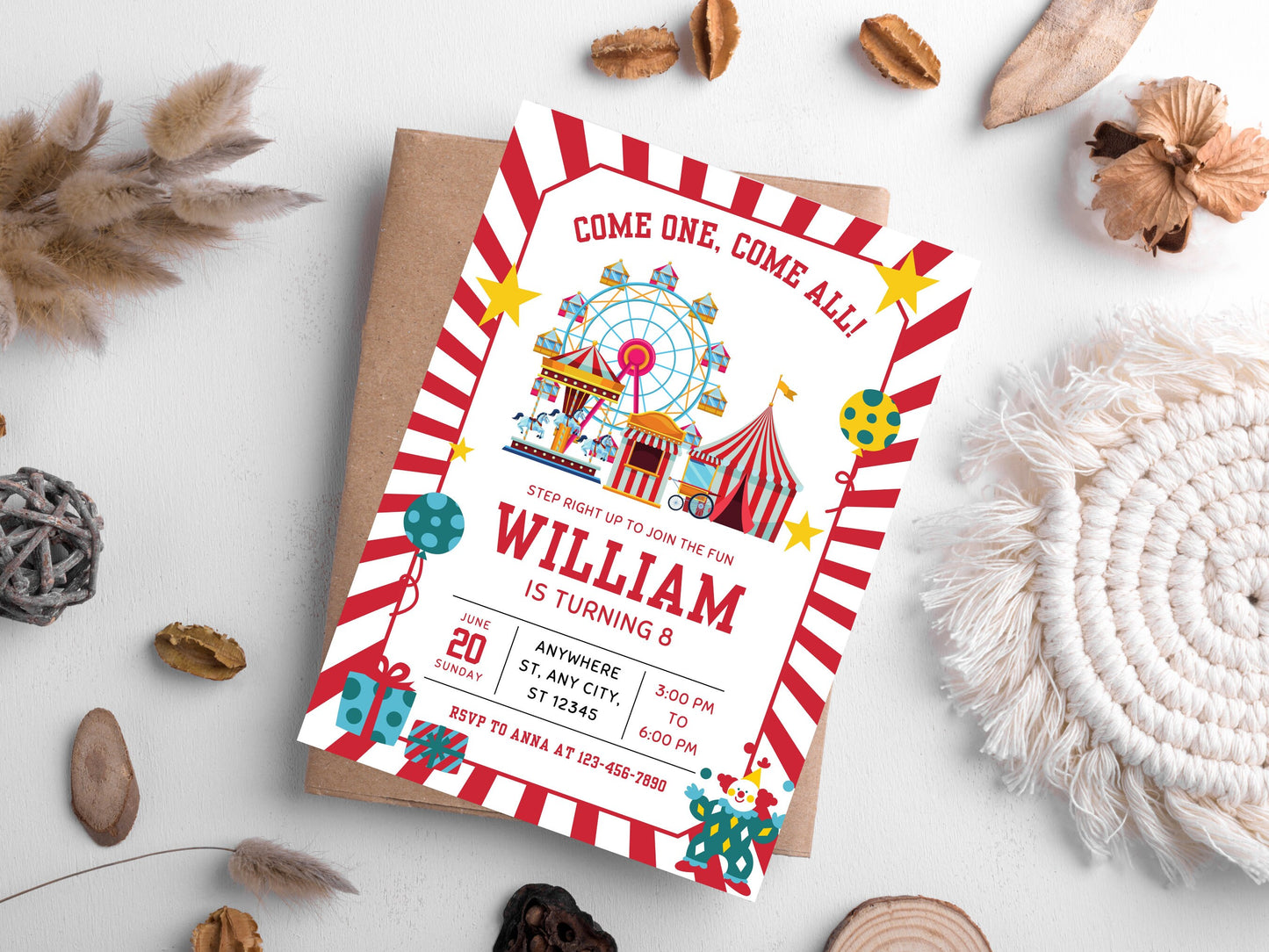 Customizable Carnival Birthday Invitation, Circus Theme (Digital Download)