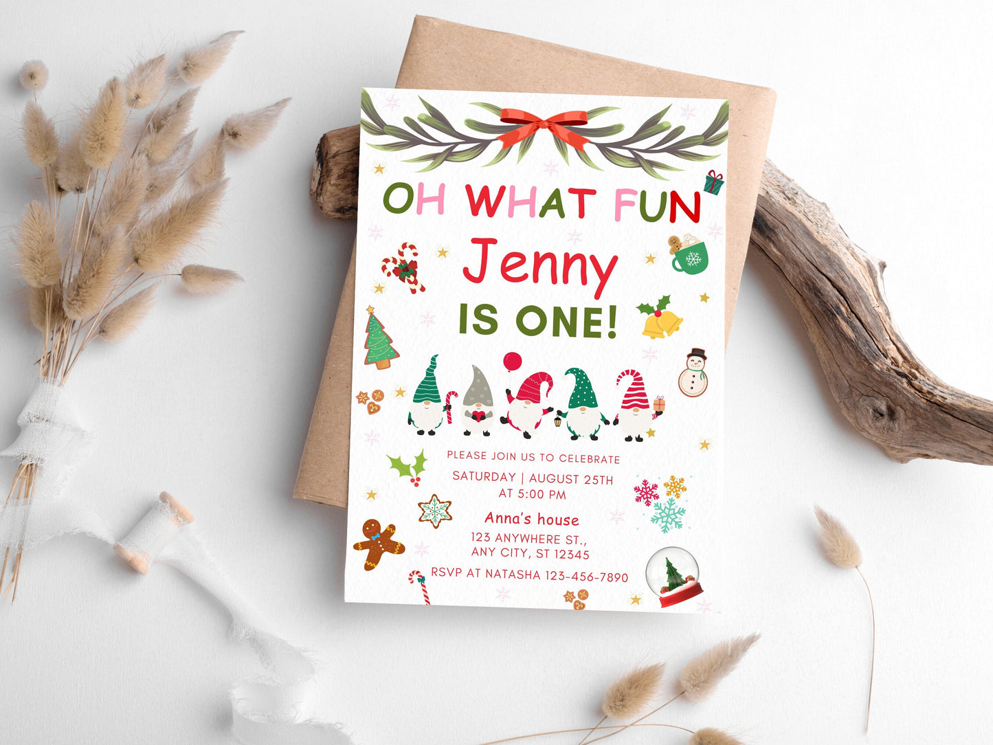 Christmas Birthday Invitation, First Birthday, Winter Gnomes (Digital Download)