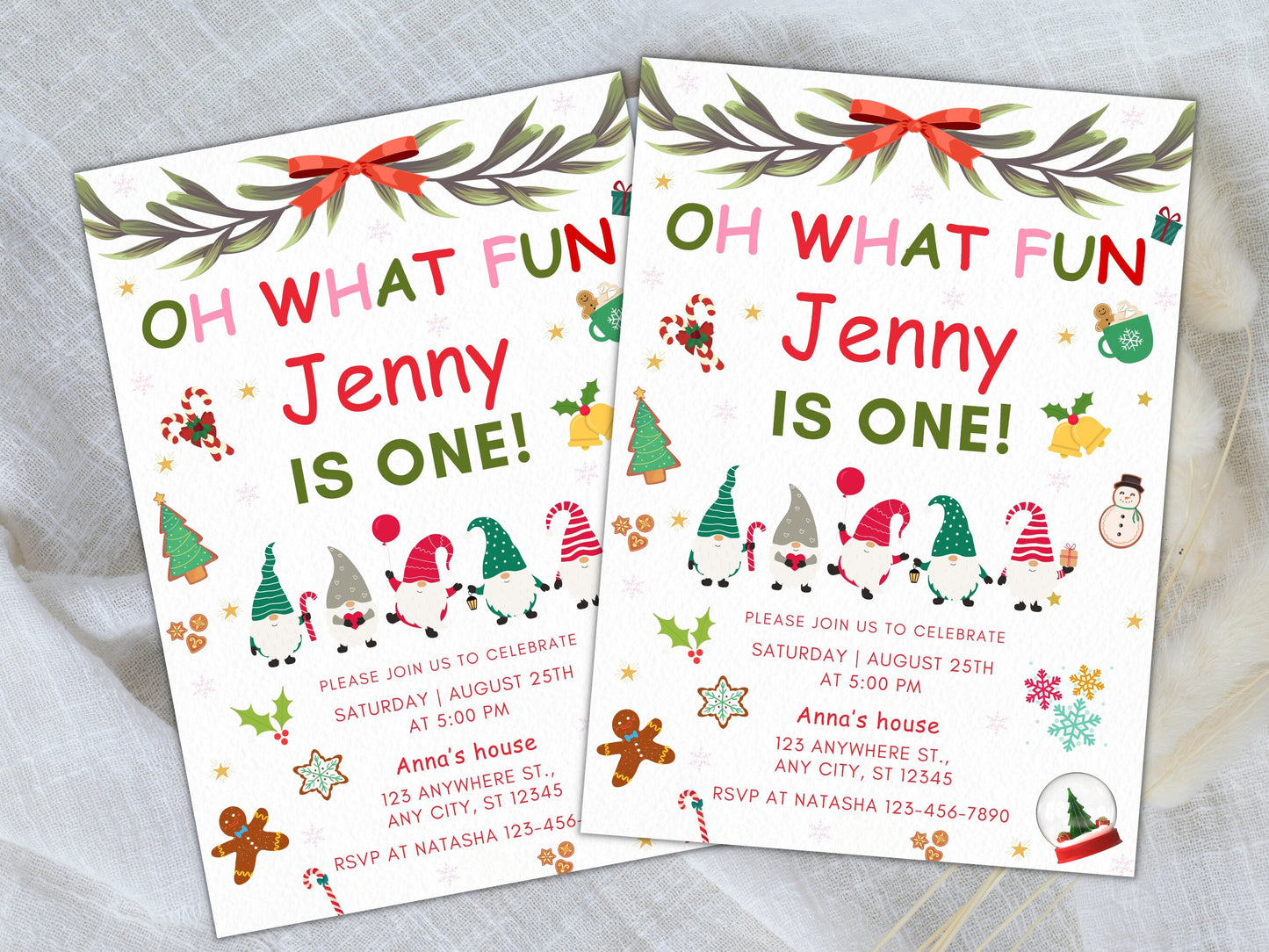 Christmas Birthday Invitation, First Birthday, Winter Gnomes (Digital Download)