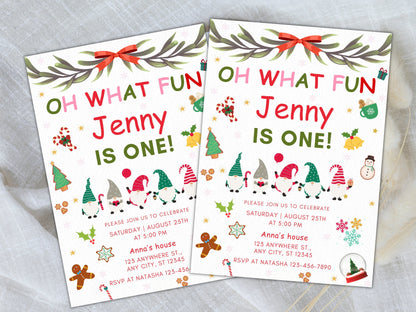 Christmas Birthday Invitation, First Birthday, Winter Gnomes (Digital Download)