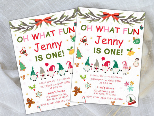 Christmas Birthday Invitation, First Birthday, Winter Gnomes (Digital Download)