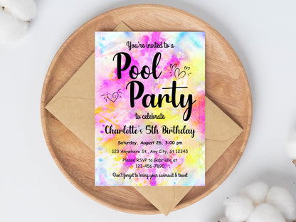 Rainbow Tie Dye Birthday Invitation, Editable Party Invite (Digital Download)