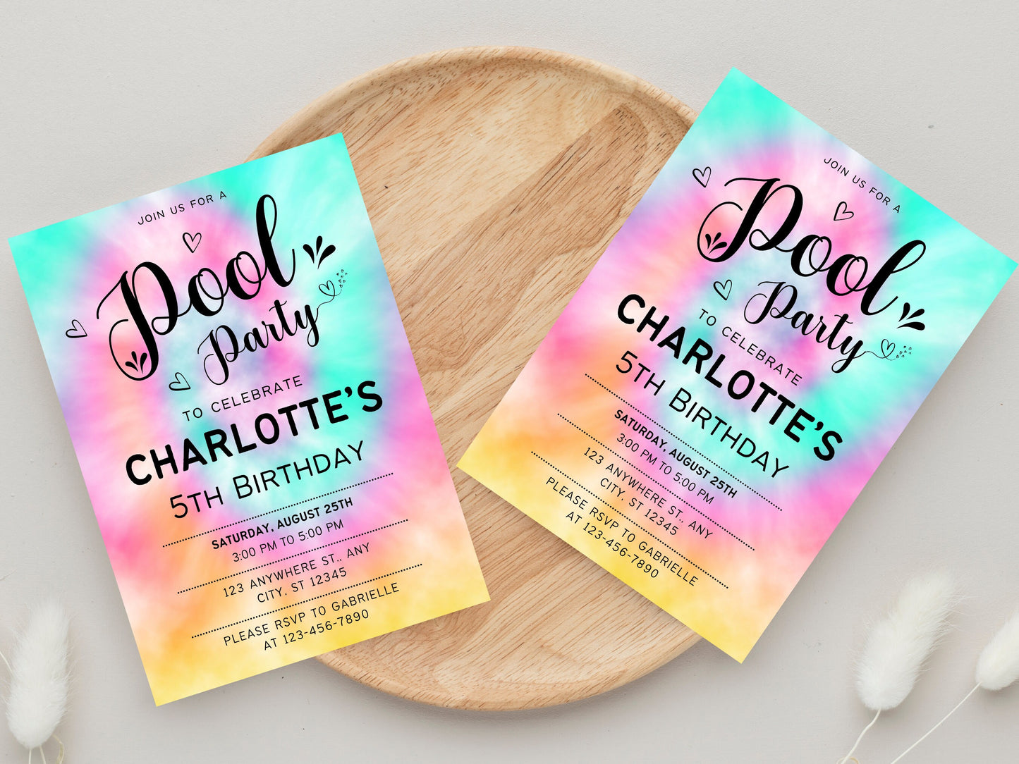 Geburtstagseinladung im Regenbogen-Tie-Dye-Stil, bearbeitbare Partyvorlage zum Ausdrucken (digitaler Download)