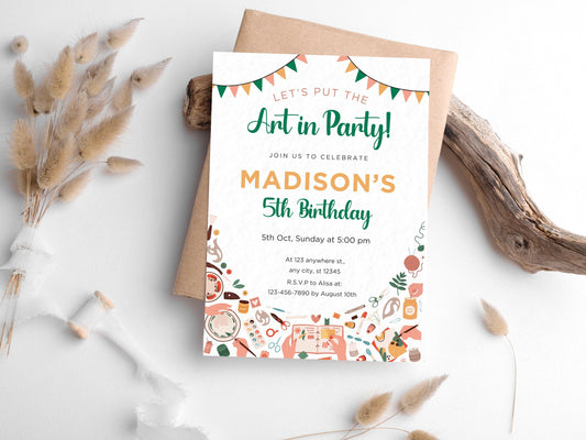 Bearbeitbare Einladung zum Geburtstag mit Malparty-Thema, farbenfrohes Kunstthema (Sofort-Download)