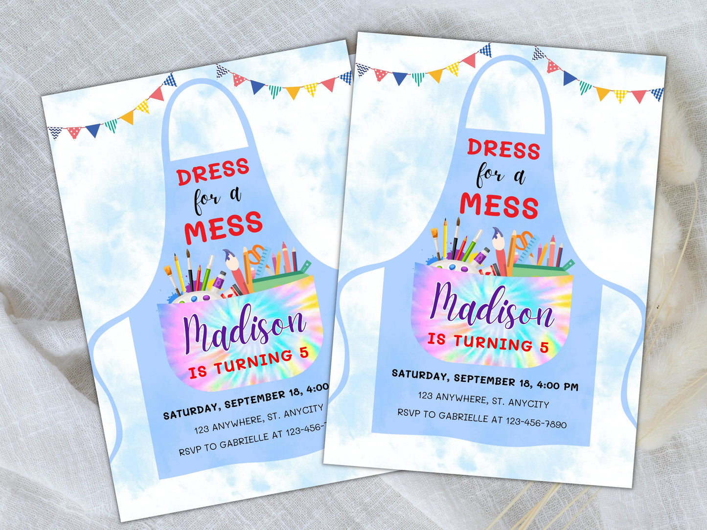 Invitation d'anniversaire personnalisable avec motif de peinture, thème artistique coloré (téléchargement instantané)