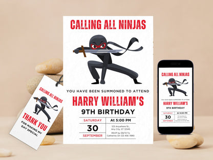 Ninja-Geburtstagseinladung, bearbeitbare Karate-Party-Vorlage (Canva)