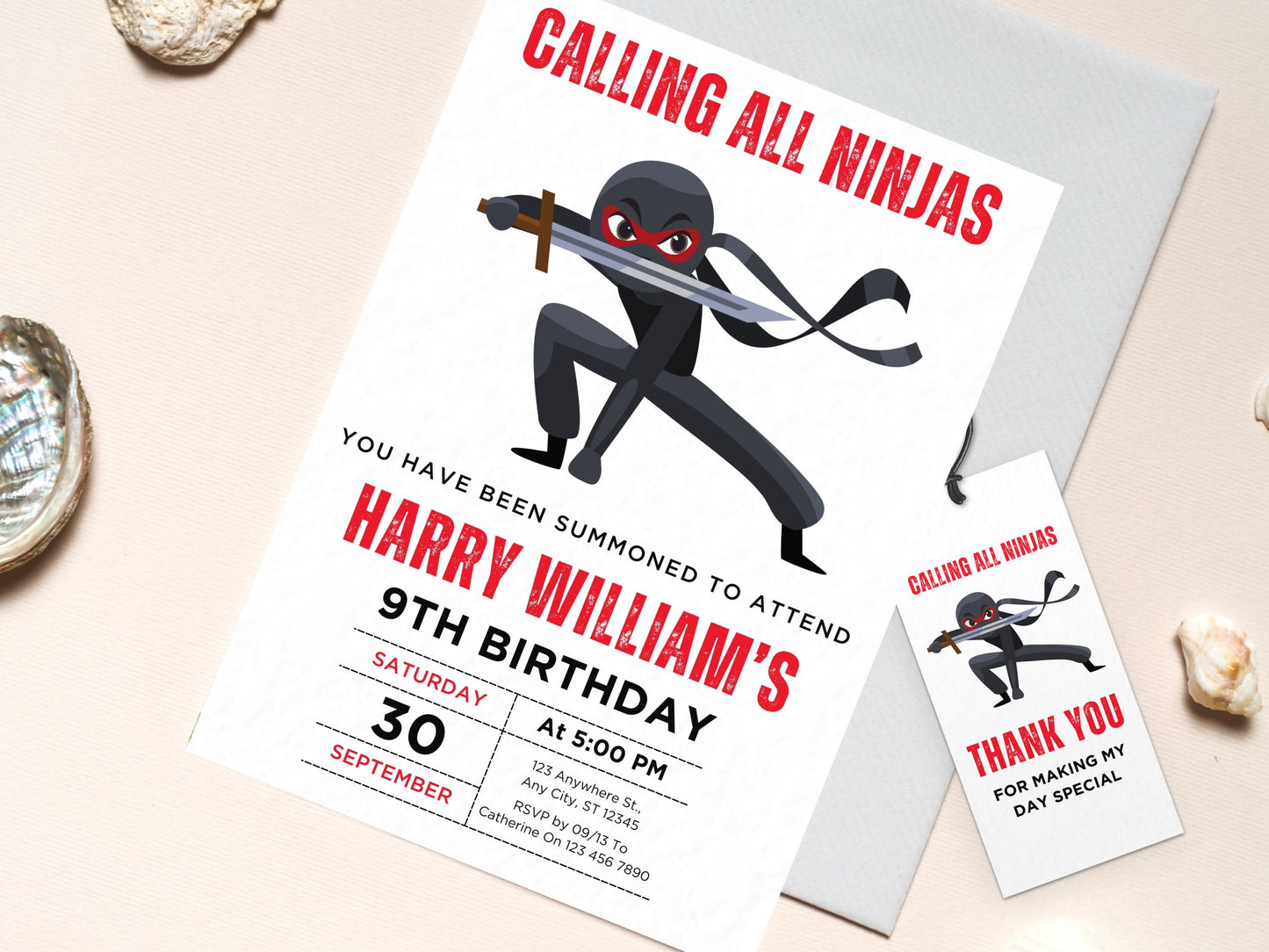 Ninja-Geburtstagseinladung, bearbeitbare Karate-Party-Vorlage (Canva)