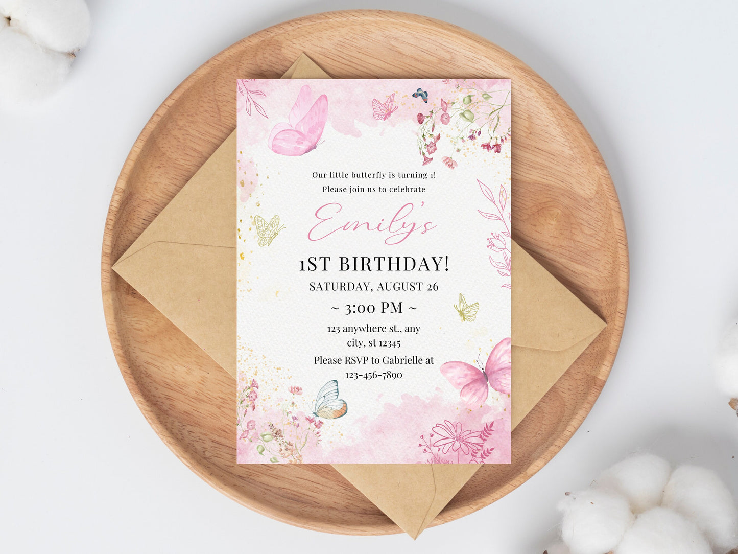 Butterfly 1st Birthday Invitation, Girl Party, Pink Floral (Digital Download)