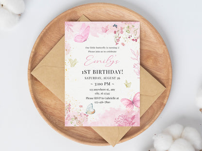 Butterfly 1st Birthday Invitation, Girl Party, Pink Floral (Digital Download)