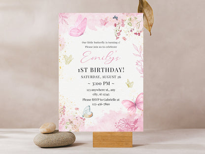 Einladung zum 1. Geburtstag mit Schmetterlingsmotiv, rosa Blumendesign (Digitaler Download)