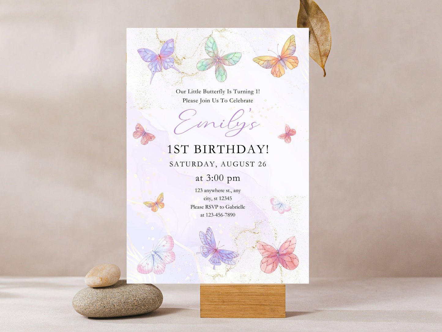 Butterfly 1st Birthday Invitation, Customizable Girl Party (Digital Download)