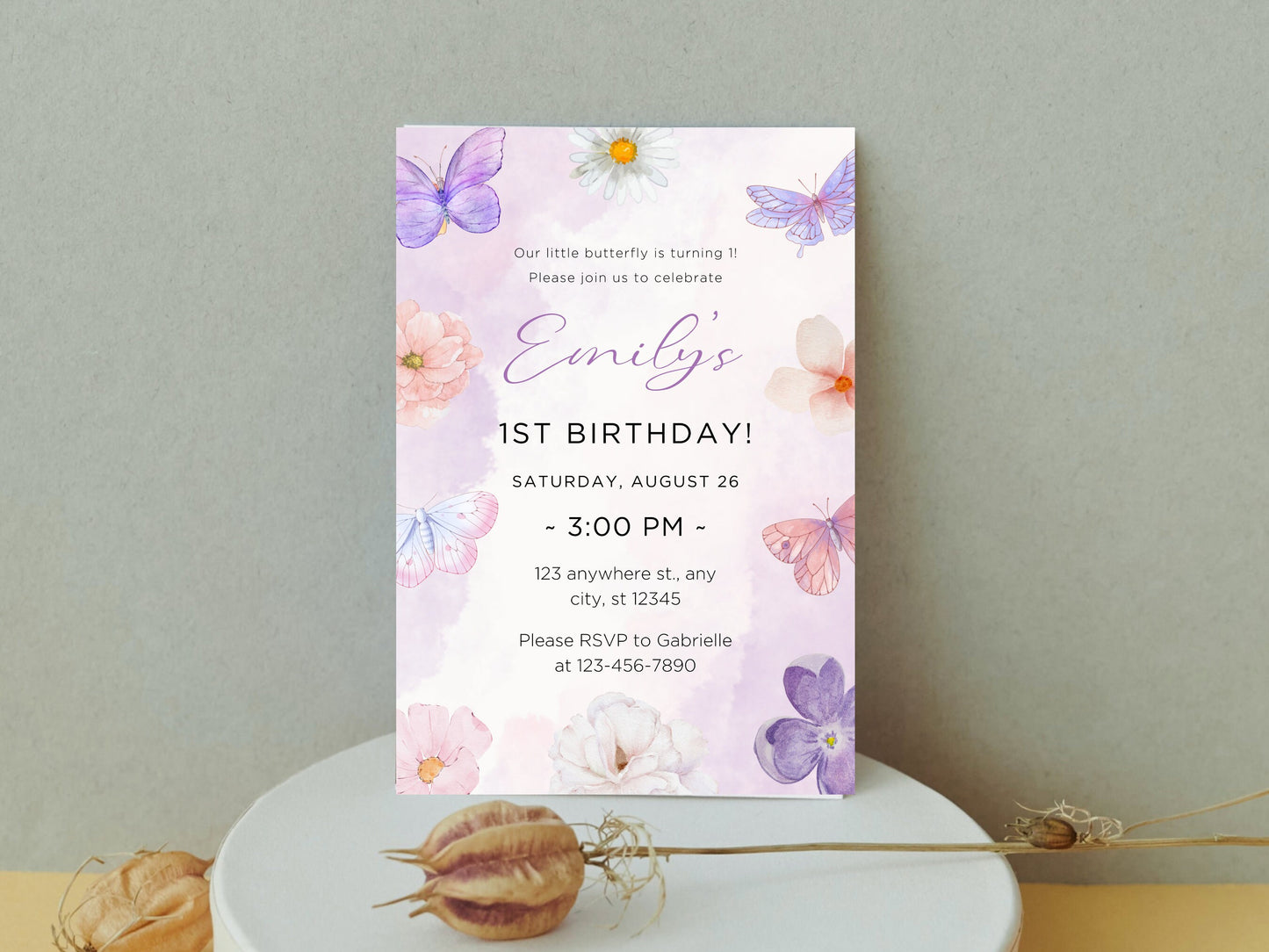 Einladung zum 1. Geburtstag mit Schmetterlingsmotiv, Mädchenparty-Einladung (Digitaler Download)