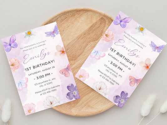 Butterfly 1st Birthday Invitation, Girl Party Invite (Digital Download)