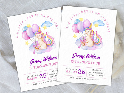 Unicorn Birthday Invitation Template, Pastel Rainbow, Magical Party (Digital Download)