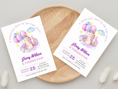 Unicorn Birthday Invitation Template, Pastel Rainbow, Magical Party (Digital Download)