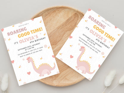 Bearbeitbare Vorlage für eine Geburtstagseinladung mit rosa Dinosauriern (Digitaler Download)
