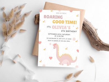 Bearbeitbare Vorlage für eine Geburtstagseinladung mit rosa Dinosauriern (Digitaler Download)